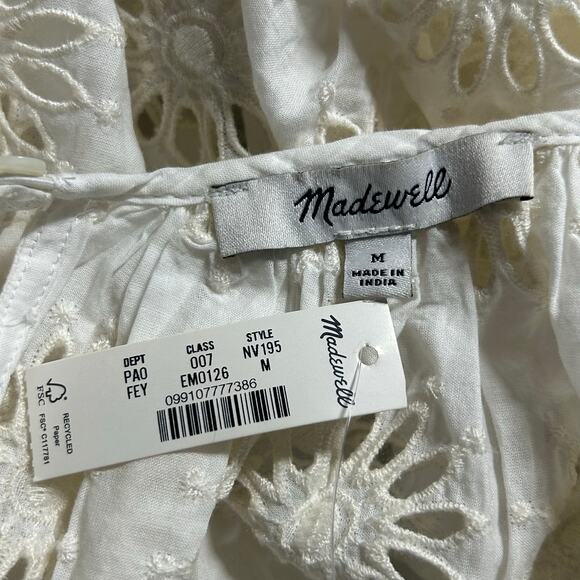 Madewell Embroidered Shirred Puff-Sleeve Eyelet Off White Top M Medium New - Picture 8 of 9